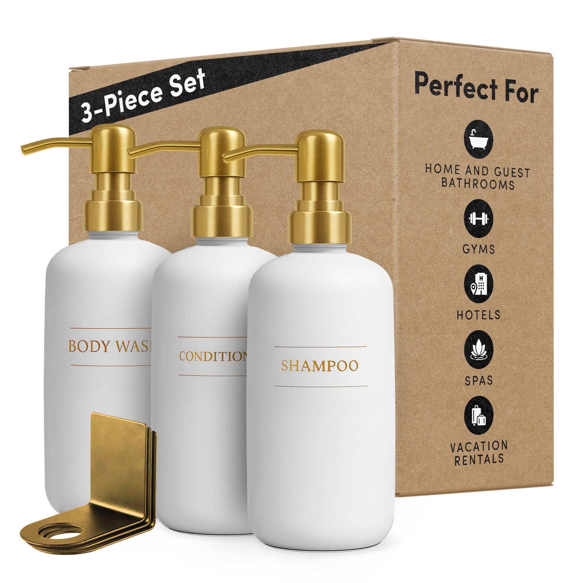 Diversified Hospitality Solutions - Wholesale Soap Dispenser - Diversified Hospitality Solutions White Plastic Bottle | Refillable Wall Mount Liquid Soap Dispenser with No Drill Brackets |16 oz Shampoo, Conditioner and Body Wash for every Bathroom | Three Bottles0