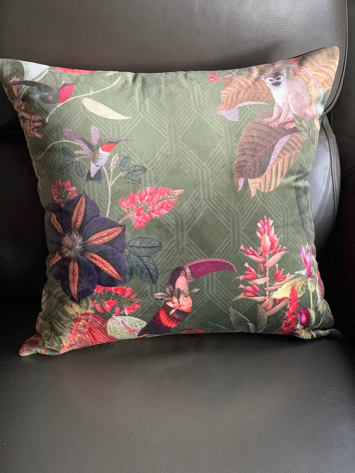 Velvet Pink Toucan Monkey Bird Cushion for wholesale by The Lampshade Jungle