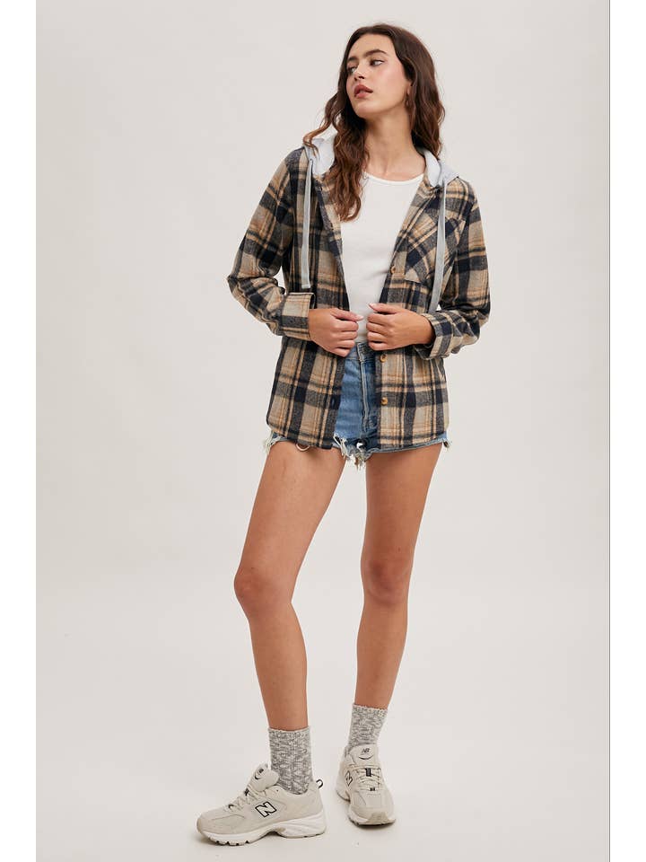 Bluivy – wholesale Shirt Jacket/Shacket - Women’s – HOODED FLANNEL BUTTON FRONT SHIRT JACKET16