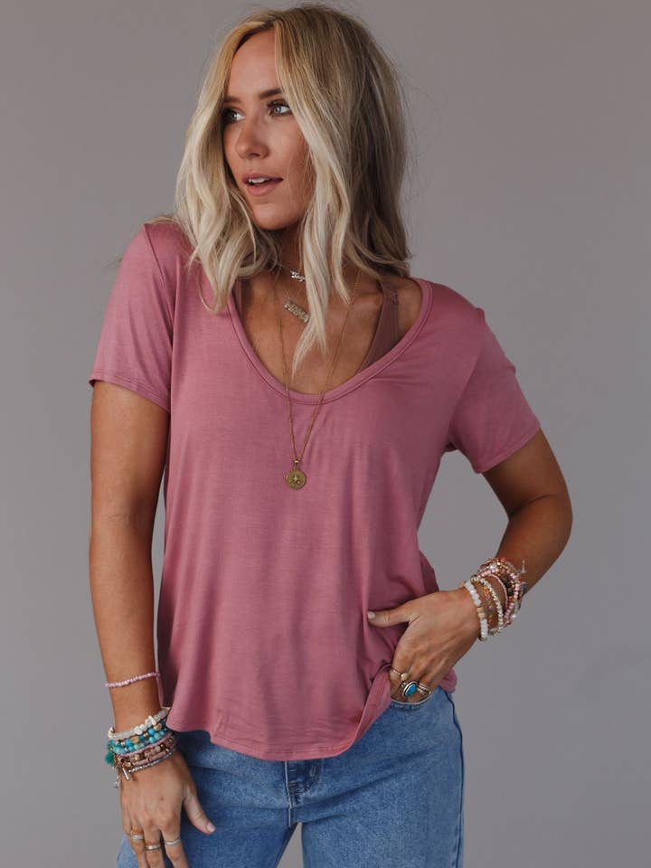 Three Bird Nest - Wholesale T-Shirt - Women's - Scoop Neck Bralette Tee - Mauve