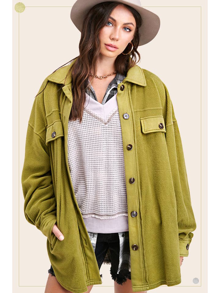 La Miel - Wholesale Shirt Jacket/Shacket - Women's - JKT1712-Loose Fit Button Down Long Sleeve Fleece Shacket