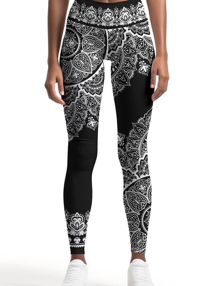 Black Nirvana Lucy White Geometric Boho Leggings Yoga Pants - Women for wholesale by Pineapple Clothing