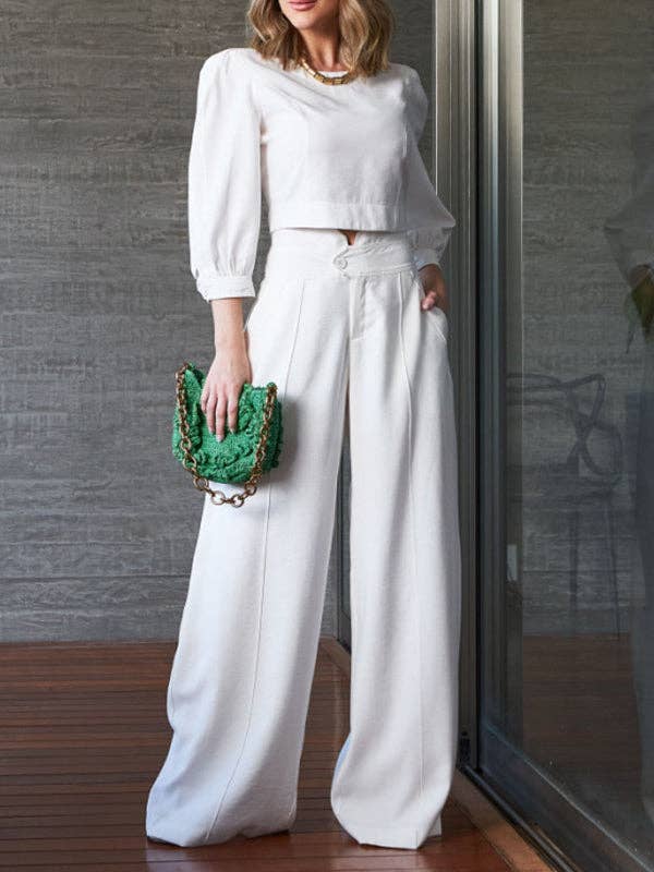 ShieldChic - Wholesale Top & Pant Set (NOT Loungewear) - Women's - Solid Color Puff Sleeves T-Shirts High-Waisted  Wide Leg Pants Suits0