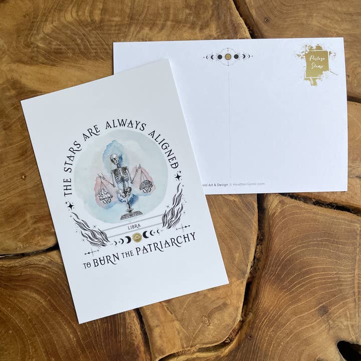 Burn the Patriarchy POSTCARD - TAURUS POSTCARD - LIBRA for wholesale by Heather Gerni Art & Design