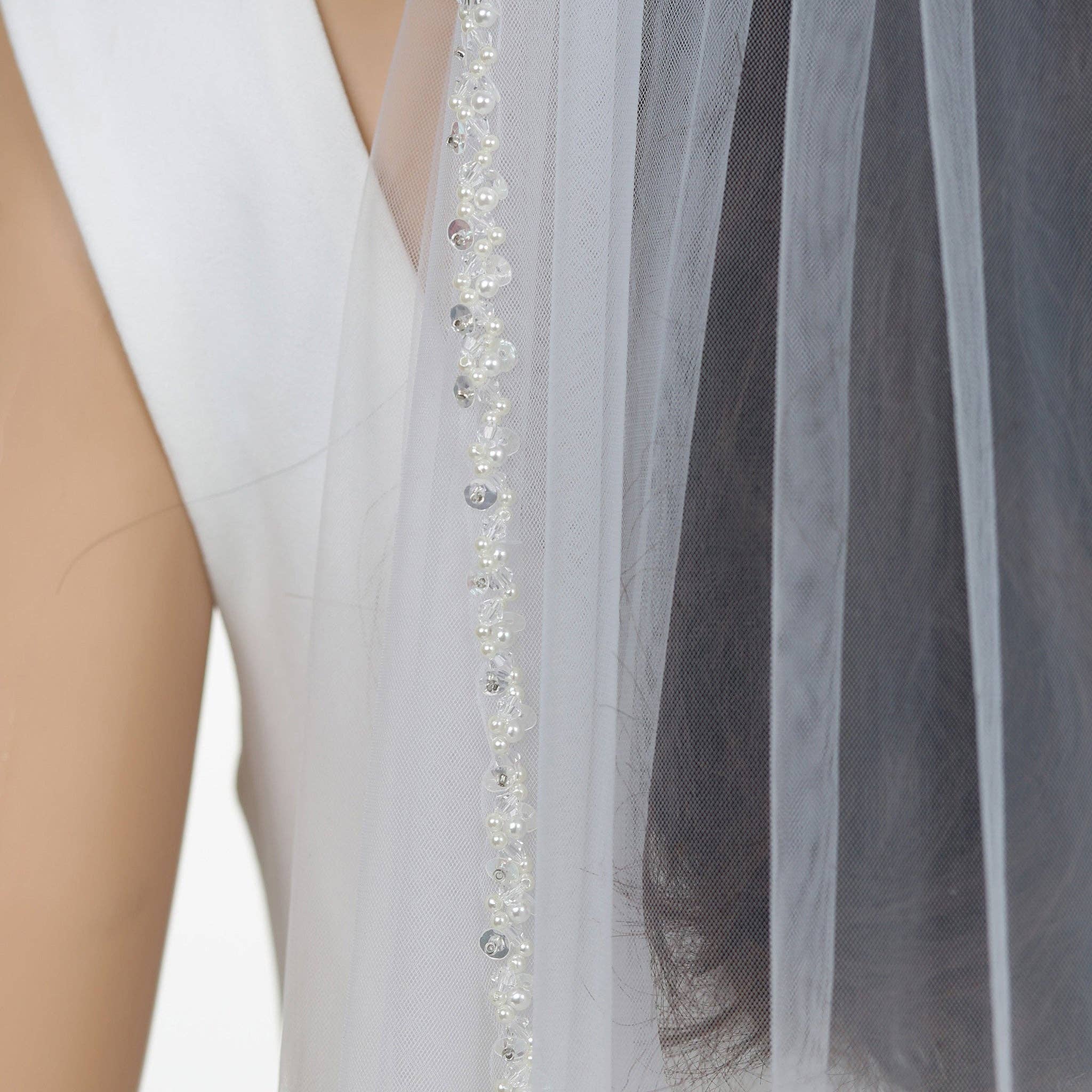 Farinosa Bridal - Venta al por mayor Velo - Mujer - Velo de novia nupcial FS6350 con borde de perlas hasta la punta de los dedos 99 cm6