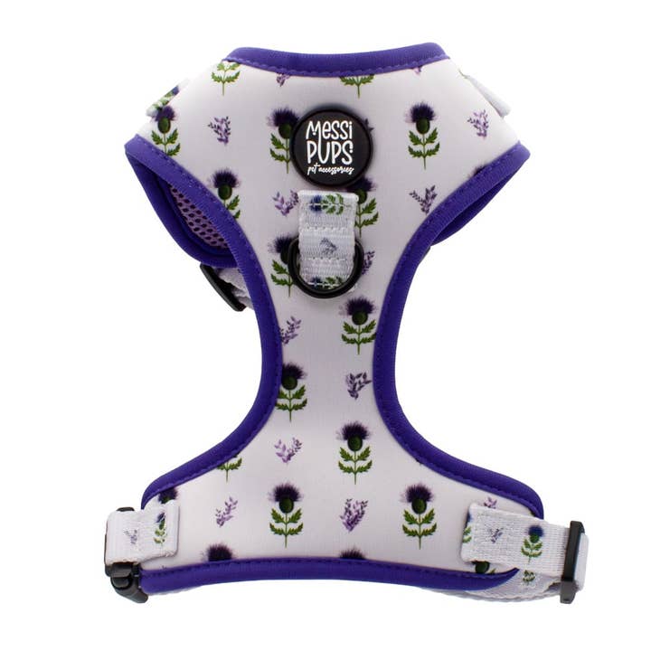 Thistle Do Nicely • Arnês para cão original ajustável com estampa de cardo escocês por atacado de Messi Pups