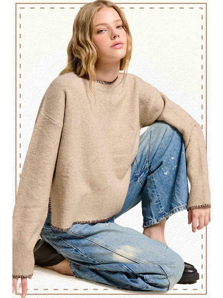 La Miel - Wholesale Knit Sweater - Women's - JDS3607-Hi-Low Crew Neck Sweater W/ Contrast Blanket Stitch8