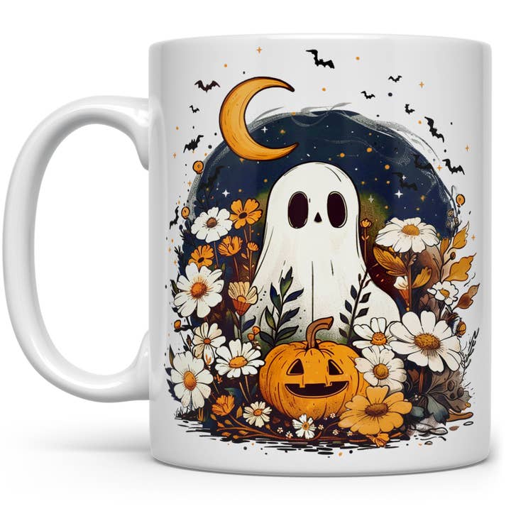 Cottagecore Fall Autumn Floral Ghost Mug, Halloween Gifts for wholesale by Loftipop