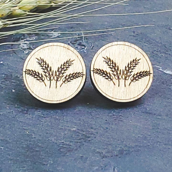 Large Wheat Spray Engraved Wood Earring Posts for wholesale by A Farm Girl by Tess