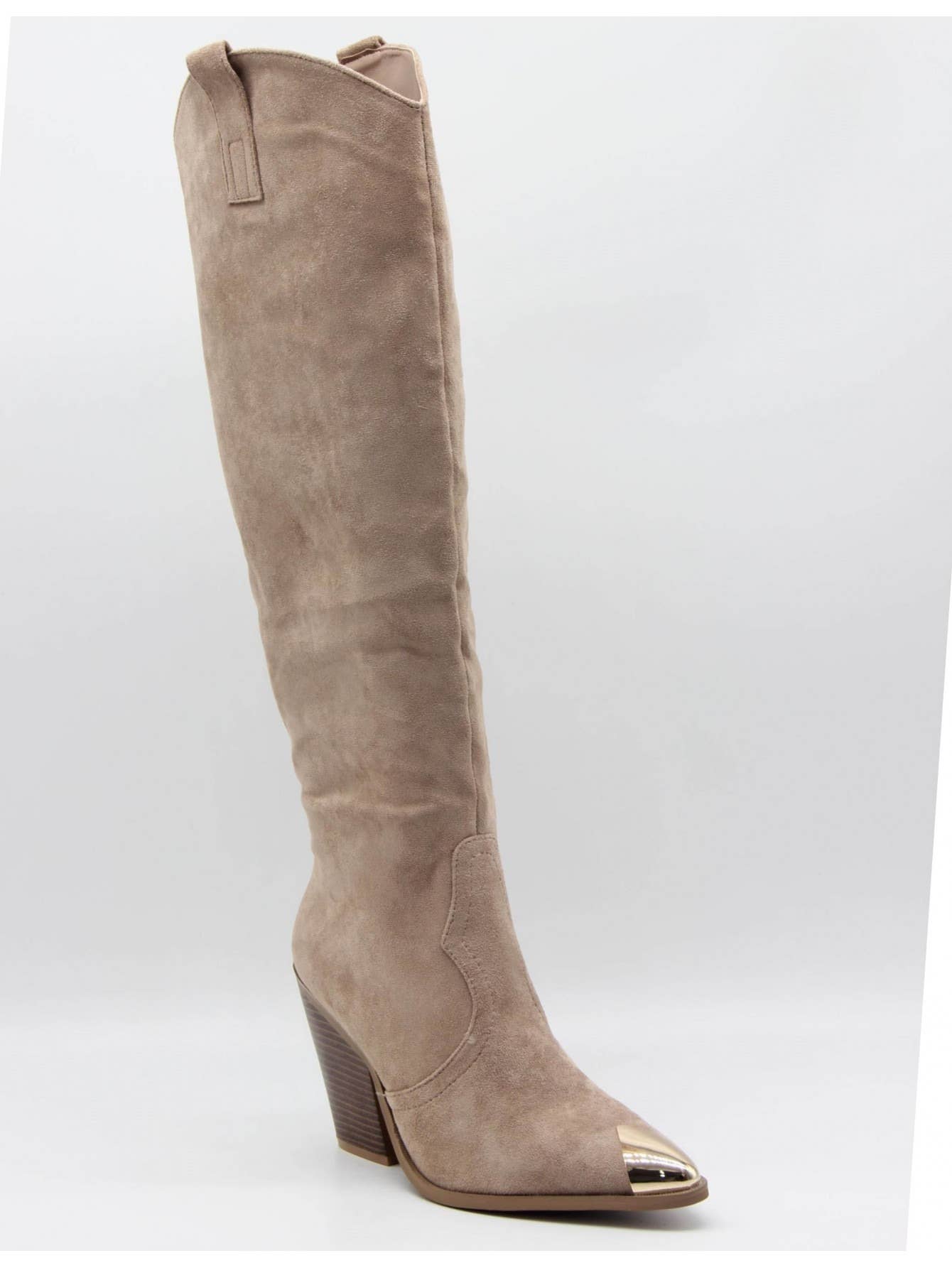 KAKI SUÈDE KHAKI SUEDE KNIEHOGE WESTERN METALEN PUNTIGE HAK COWBOYLAARS voor groothandel op Faire2