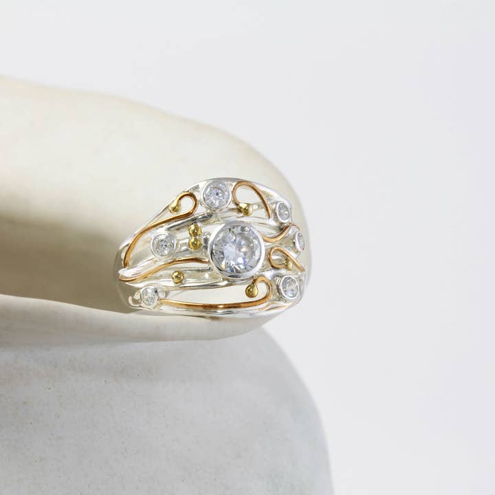 Banyan Jewellery – wholesale Multi-stone ring – Crystal Quartz and White Topaz Silver Statement Ring1