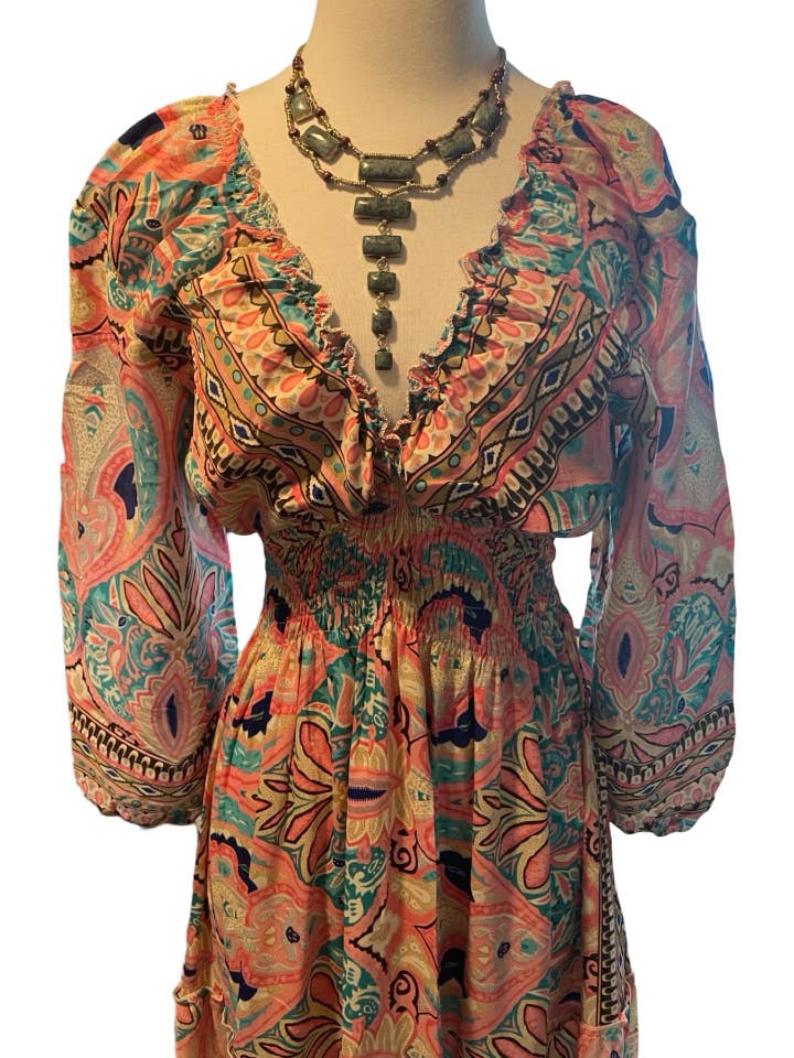 Pink and Silver – Engroshandel Kjole - Dame – Langærmet Bohemian Tiered Maxi Silkekjole (lyserød og turkis)