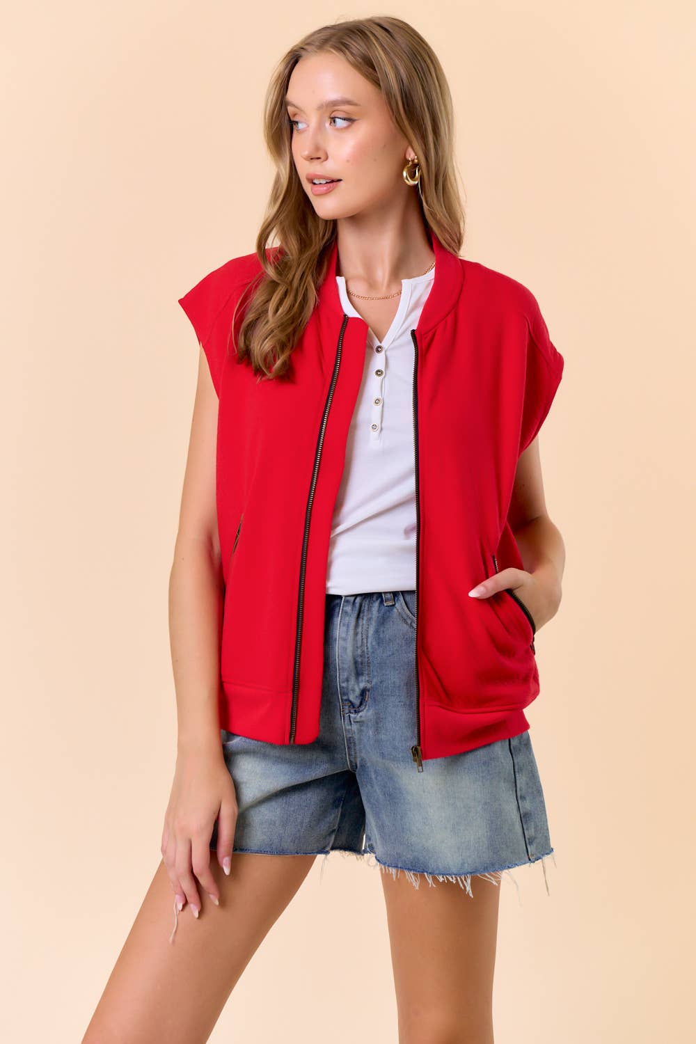 Red Round Neck Front Zip Closure Fleeced Vest - 10608J-1 for wholesale on Faire1