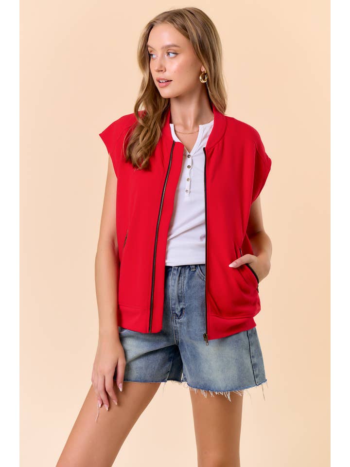 Red Round Neck Front Zip Closure Fleeced Vest - 10608J-1 for wholesale on Faire1