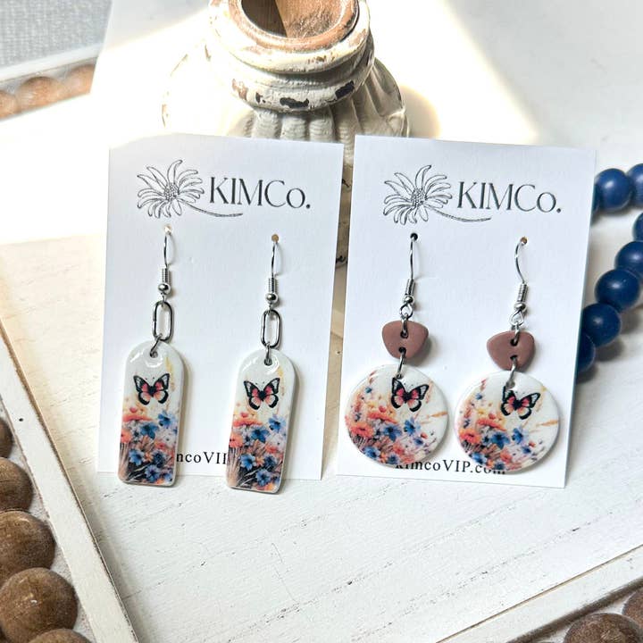 Polymer Clay Earrings - Everyday - Wildflowers & Butterfly for wholesale by KIMCo.