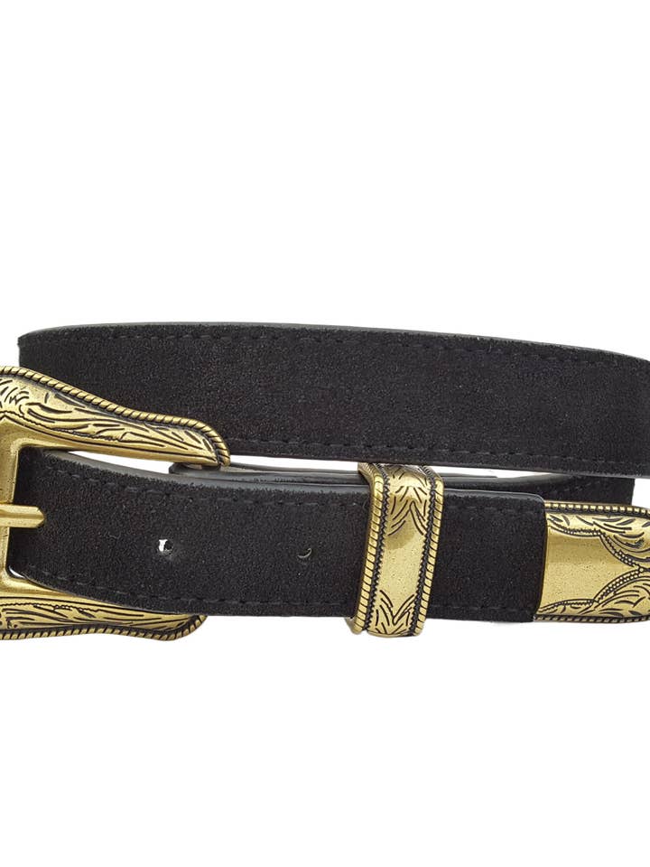 Cinto de couro em camurça genuína com conjunto de fivela ocidental por atacado de Axesoria West