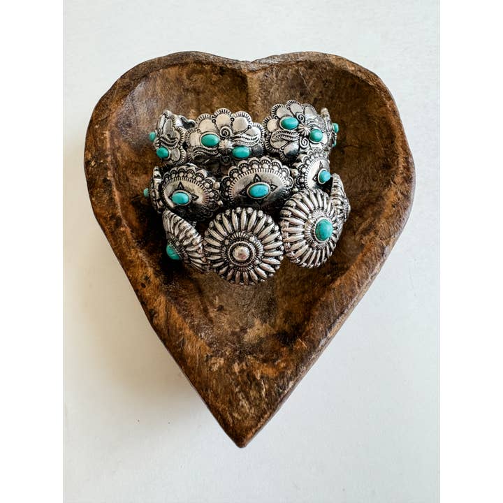 Boho Ranch Shop - Wholesale Charm/Dangle Bracelet - Western Burnish SIlver Concho Stretch Bracelet