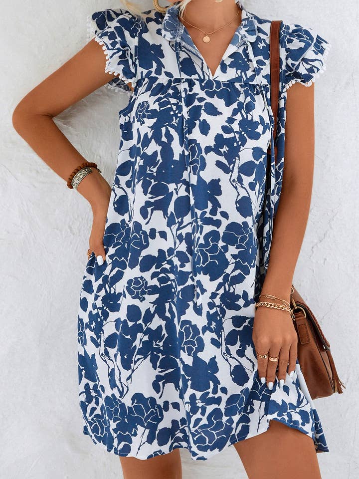 Rosa Clothing - Wholesale Dress - Women's - Ruffle Shoulder Floral Printed v-neck babydoll dress