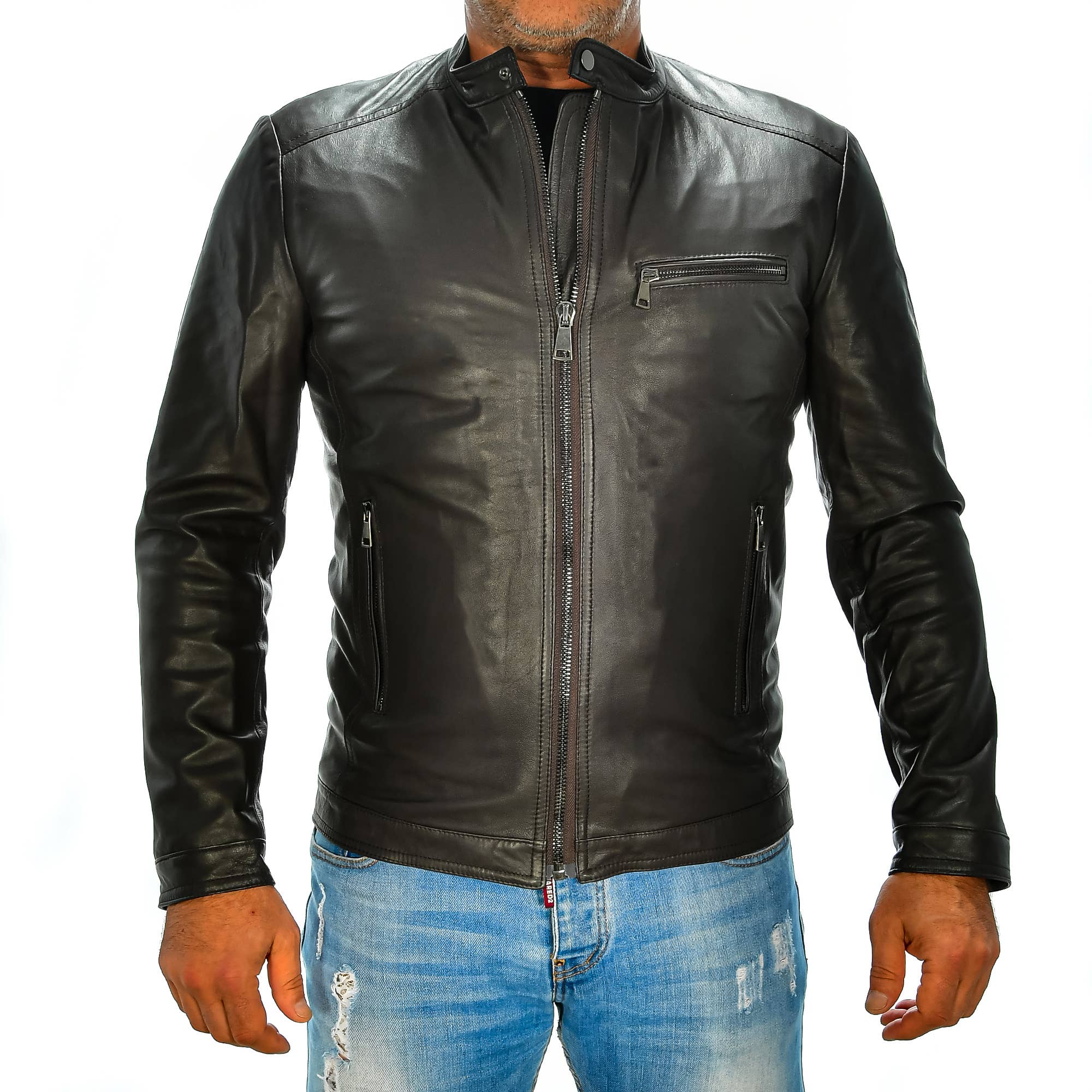 dark brown Men's genuine leather jacket. for wholesale on Faire0