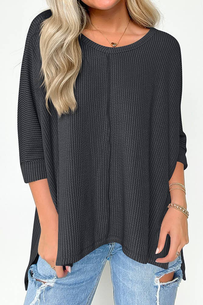 UNISHE - Vente Haut en maille – femme - Top texturé uni à manches chauve-souris à col en V ASJP09416