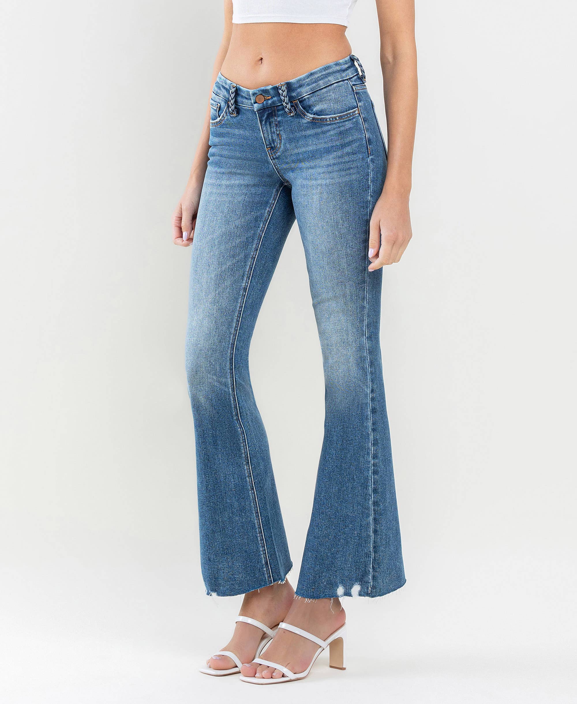 AMAZES LOW RISE BRAIDED BELT LOOP FLARE JEANS F5525 for wholesale on Faire2