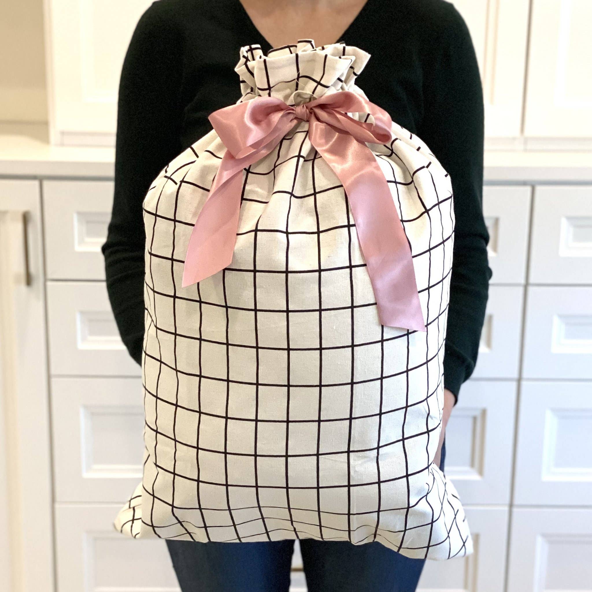 EverWrap - Wholesale Gift Bag - White With Black Grid Pattern Cotton Sleigh Bag 27" Tall3