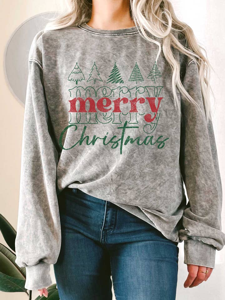 VROLIJKE KERSTBOMEN BADSTOF SWEATSHIRTS MET MINERALE PRINT voor wholesale door Rustee Clothing