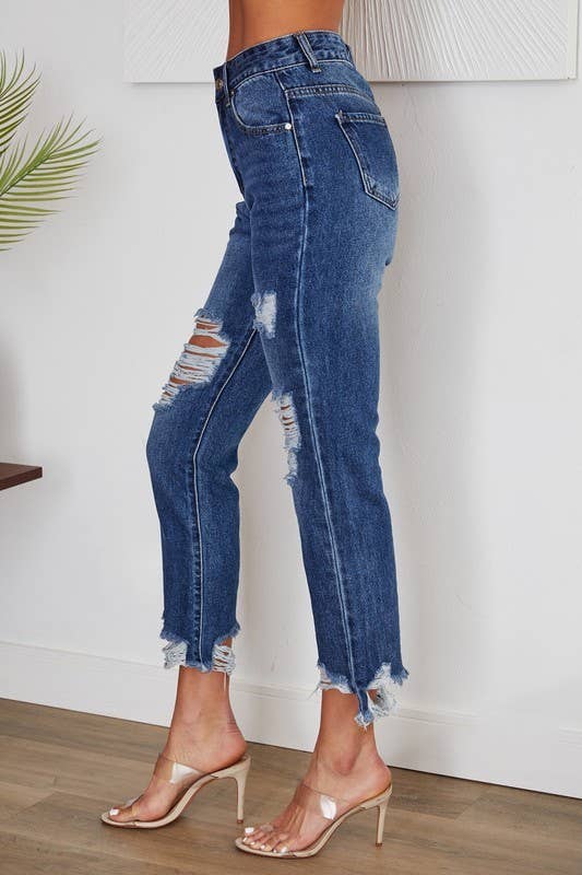 VENTI6 - Vendita all'ingrosso Jeans - Donna - PANTALONI IN DENIM CON ORLO INVECCHIATO E GINOCCHIA STRAPPATE (H9616-DENIM BLUE)1