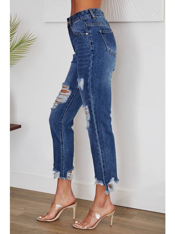 VENTI6 - Wholesale Jeans - Women's - DISTRESSED HEM DENIM PANTS W/RIPPED KNEES(H9616-DENIM BLUE)1