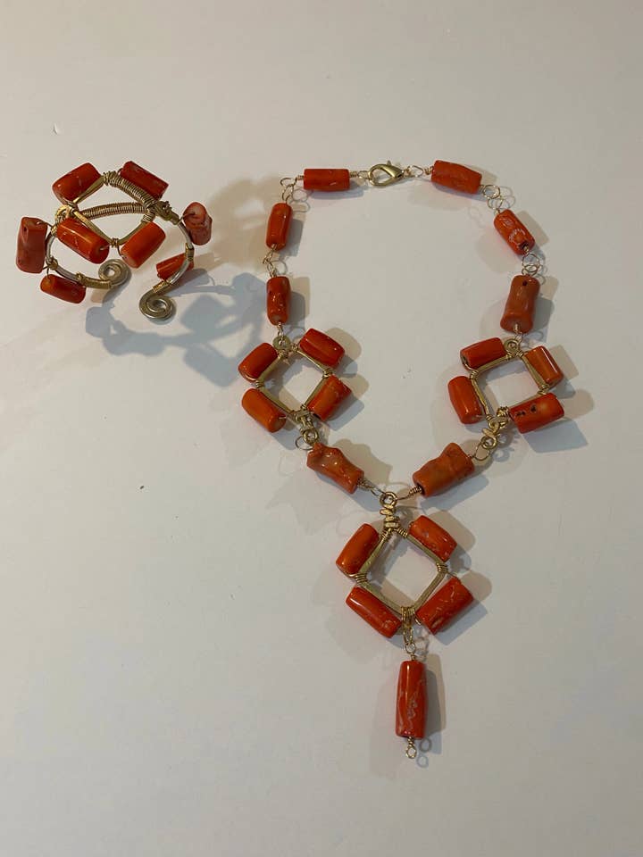 Bamboo Coral Diamonds Three Piece Set: Earrings, Necklace for wholesale by Angela Catirina Jones