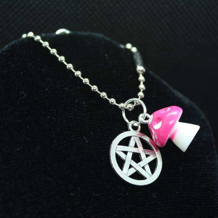 Pink Mushroom Pentacle Necklace with Crystal for wholesale by Witchcrafted in MI