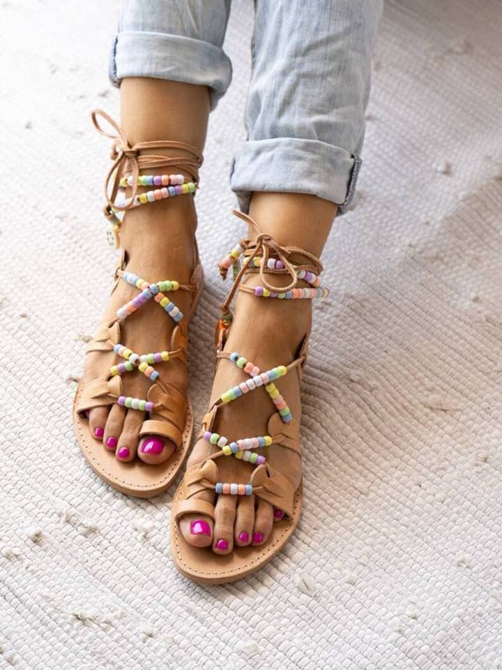 Rainbow pastel beaded leather tie up sandals for wholesale by Goupi