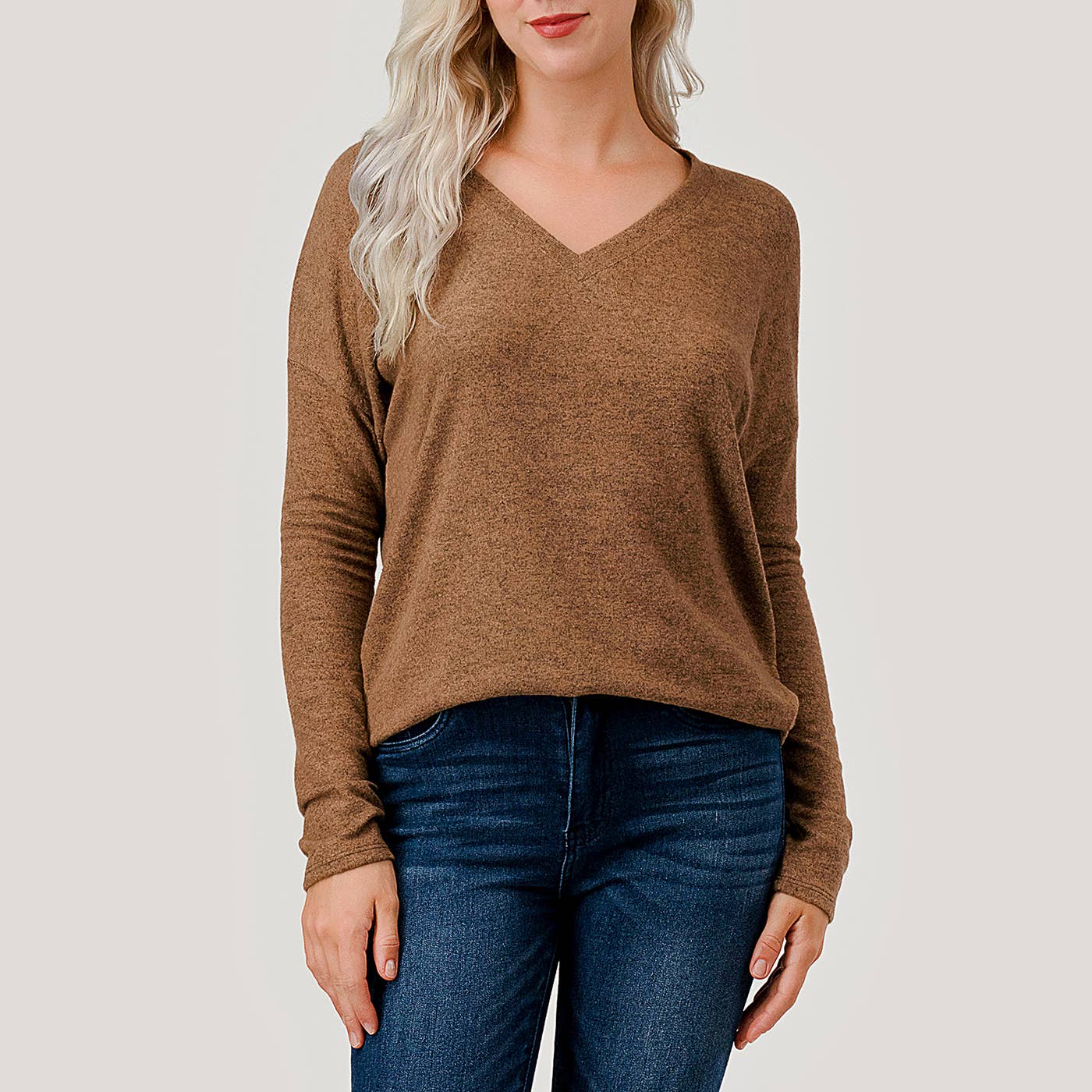 Heimious - Wholesale Knit Top - Women's - Long Sleeve V-neck Brushed Knit Top, 273886