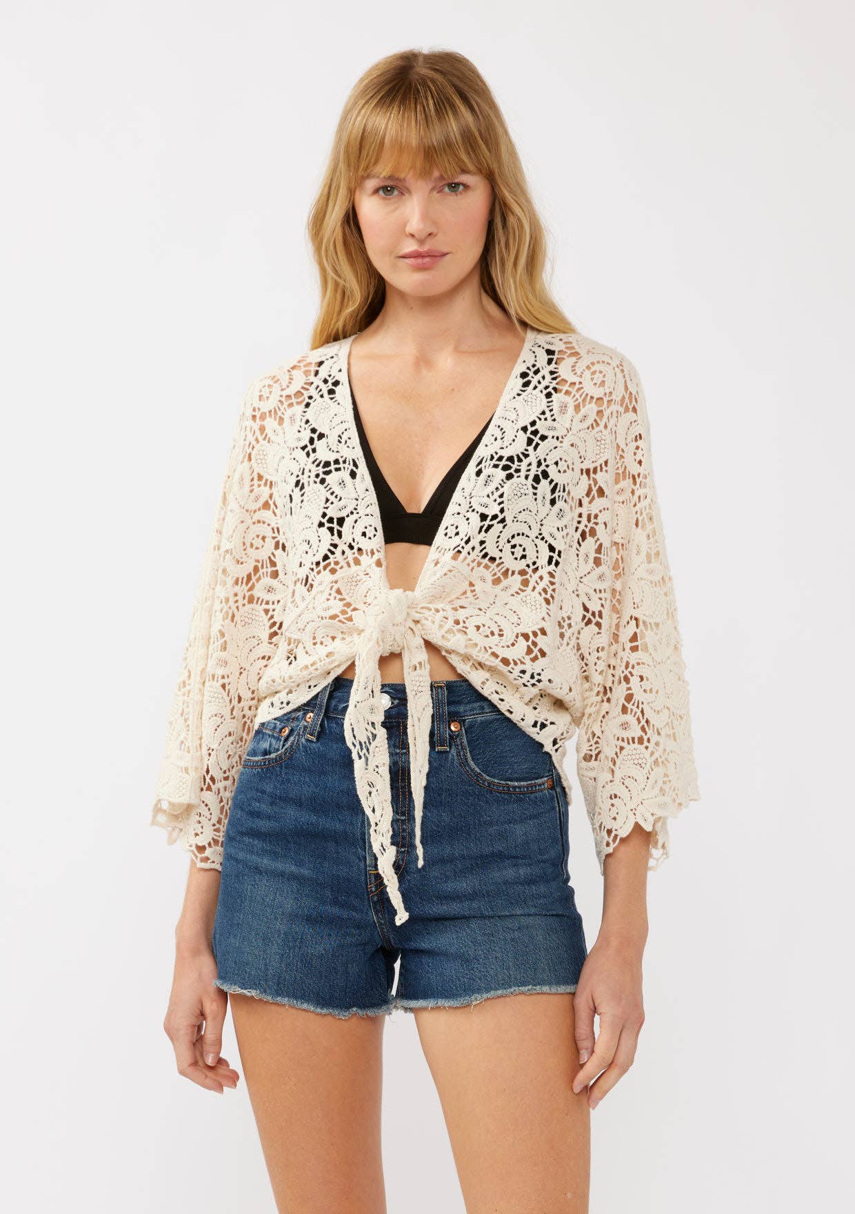 Natural Floral Tie-Front Crochet Kimono for wholesale on Faire