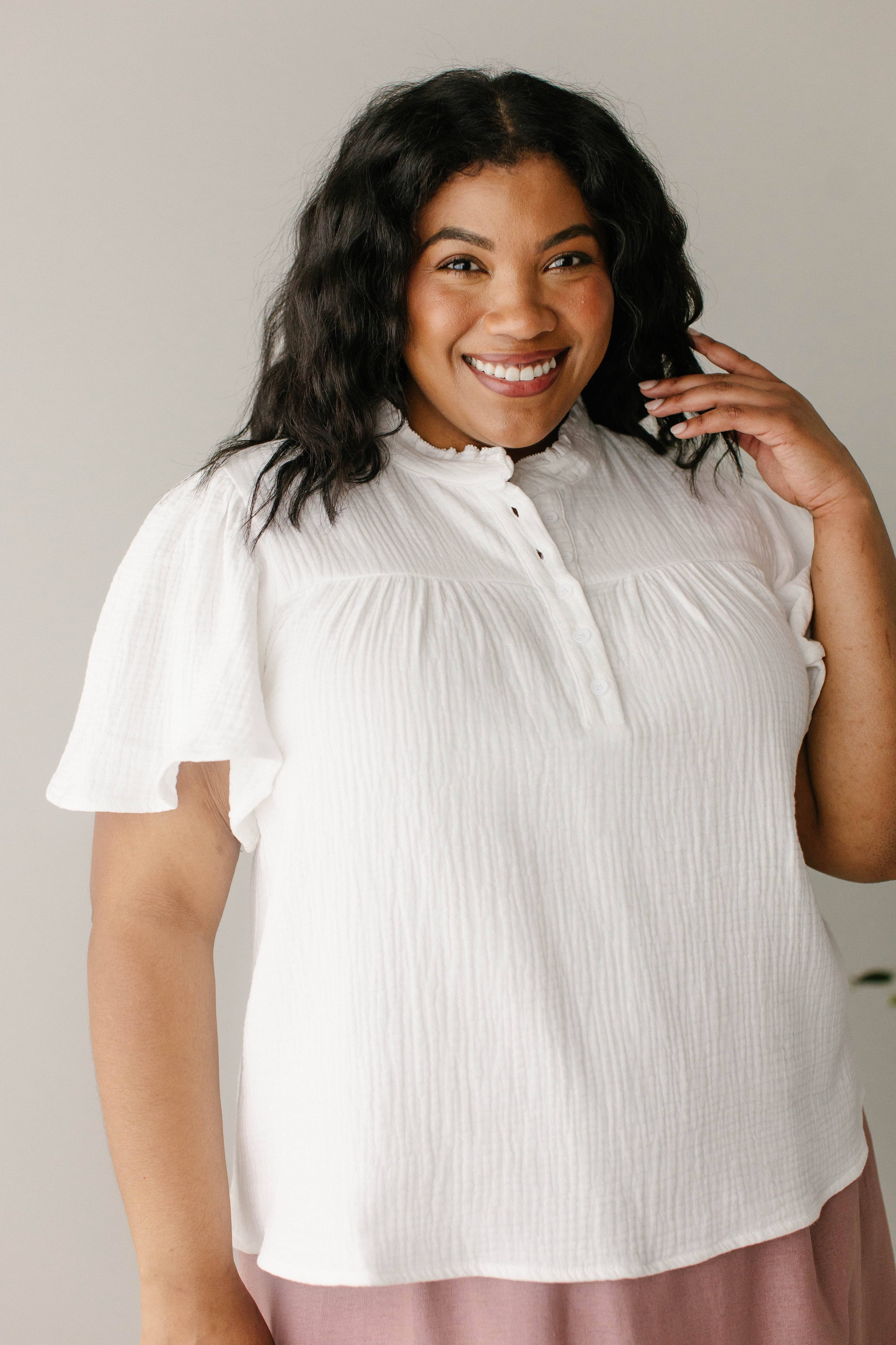White 'Deborah' Cotton Gauze Ruffle Trim Blouse FINAL SALE for wholesale on Faire1