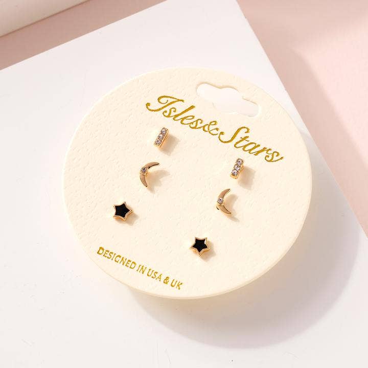 StarryNYC – wholesale Jewellery set – 3 Pairs Stud Earrings Stone/Moon/Star in a card2