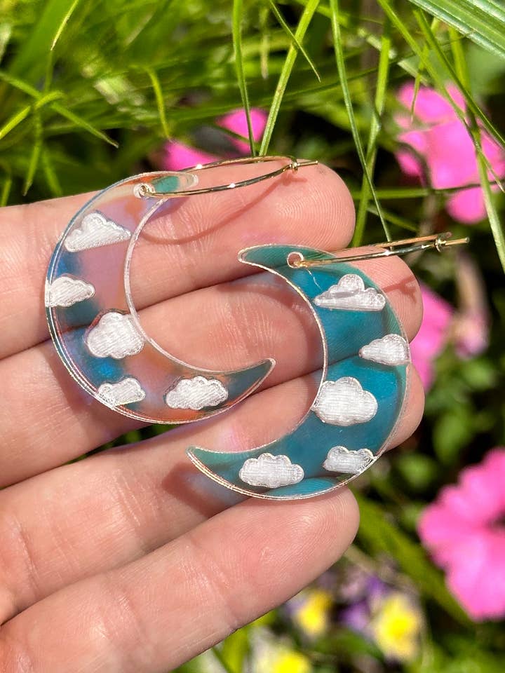 Iridescent Acrylic Cloudy Moon Hoops for wholesale by ShlemonArt