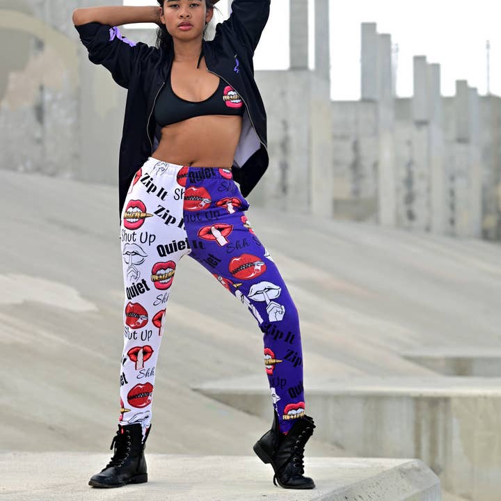 Pantalones deportivos Shhhut Up para mujer, color blanco/morado para venta al por mayor de STFU