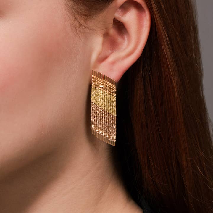 Mayana Designs Co - Wholesale Dangle earrings - Handwoven Wire Angled Rectangle Earrings (Rose Gold/Gold)2