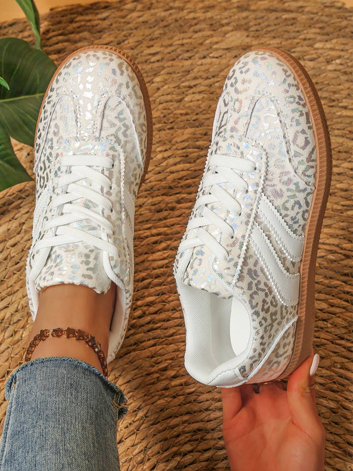 Leather Detail Shimmer Leopard Printed Lace-up Sneakers for wholesale by fashionworks