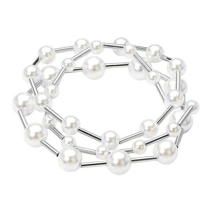Sensibling Corp. - Wholesale Beaded Bracelet - 3PCS - Pearl Metal Bar Beaded Stretch Multi Layered Bracelets5