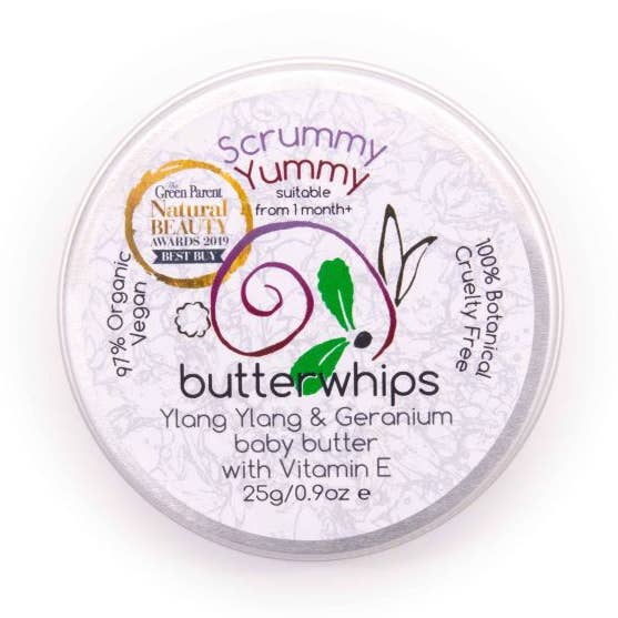 Scrummy Yummy - Manteiga de Karité Chicoteada Orgânica com Gerânio 25g por atacado de Butterwhips Ltd