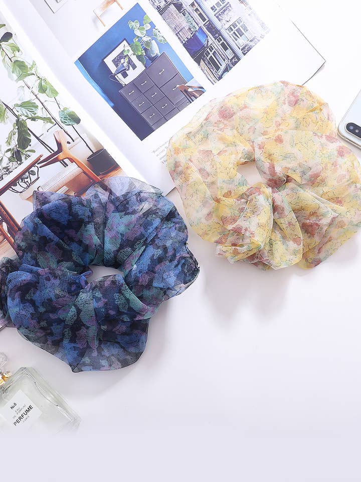 Blue & Yellow Floral Chiffon Oversize Scrunchie Set for wholesale by JC Sunny Fashion