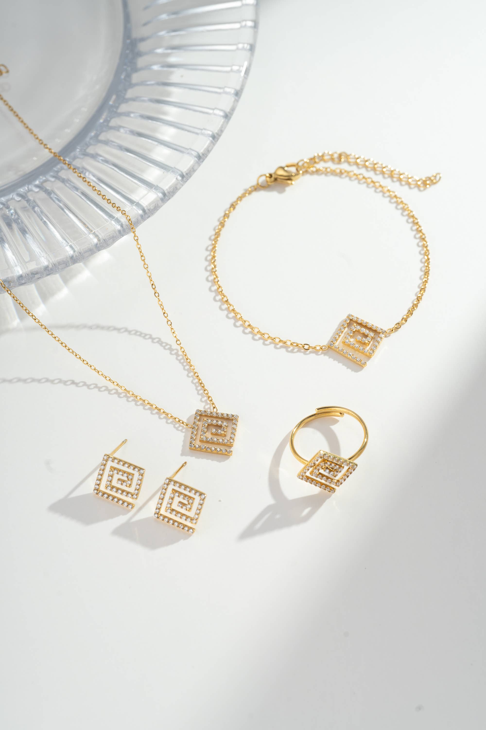 COSMOS – wholesale Jewellery set – Rectangular Spiral Crystal Set 4 Pieces Steel0