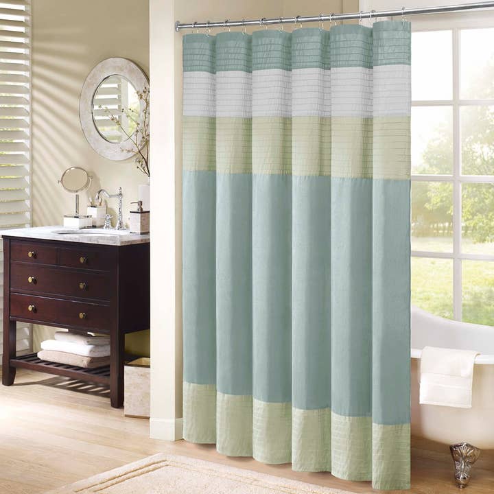 Color Block Silky Shower Curtain, Green/Blue for wholesale by Olliix