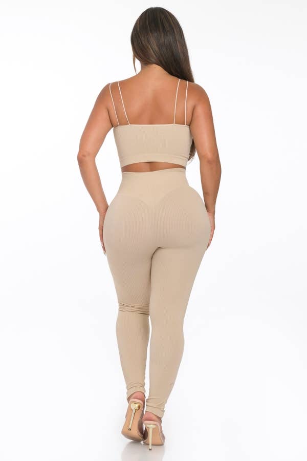 Lime All the Time - Wholesale Lounge Set - Women's - 2 Pcs Seamless Double Spaghetti Strap Top and Legging Set5