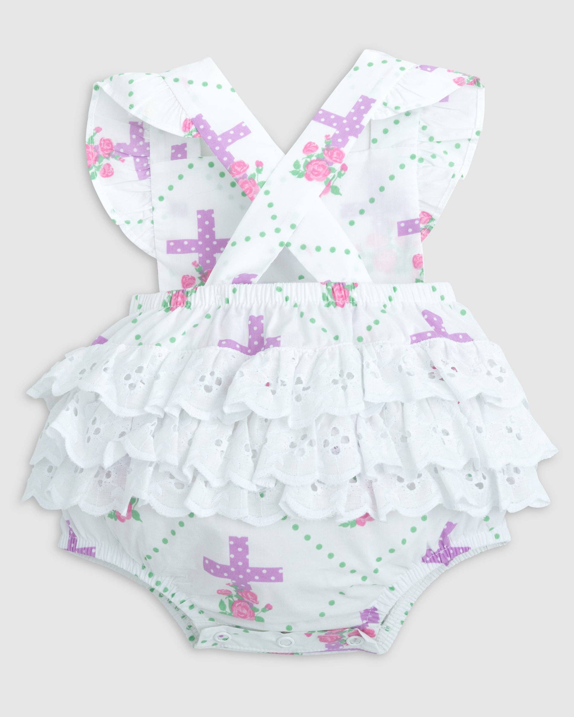 Posh Pickle – wholesale Bodysuit (non-footed) – Baby – Grace Cross Print Eyelet Ruffled Bubble10