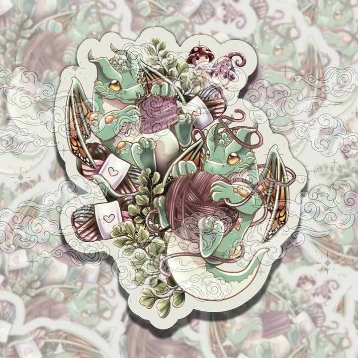 Adesivo in vinile colorato e carino di Fenrys, il drago che fa uncinetto. per la vendita all'ingrosso da parte di Sticky Sadness Designs