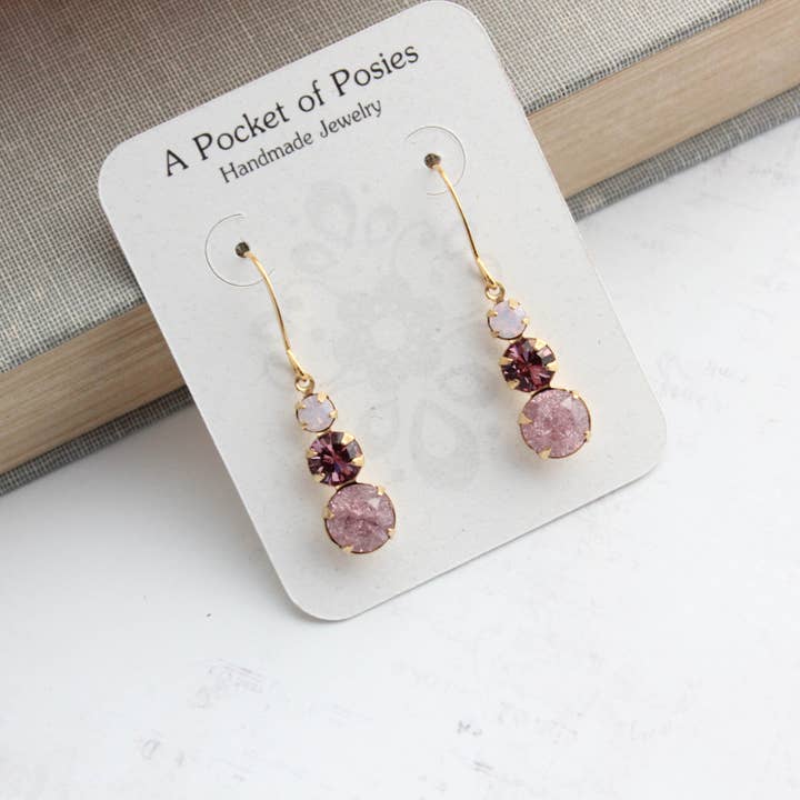 A Pocket of Posies - Wholesale Dangle Earrings - Vintage Glass Earrings - Three Jewel - Dusty Rose Plum