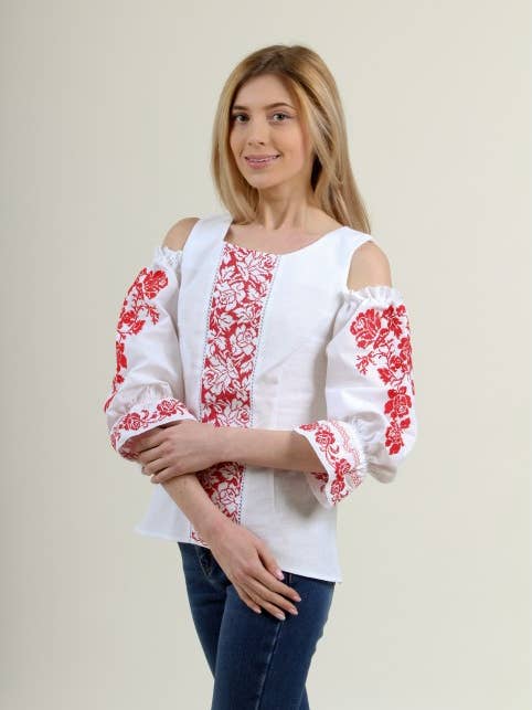 Aura Of Flowers White & Red Embroidered Blouse for wholesale by Galychanka